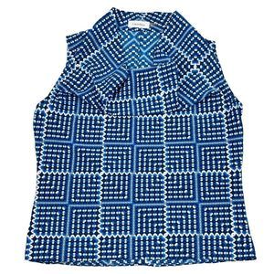 Calvin Klein Sleeveless Shell Top Blouse Cowl Neck Blue Gray Geometric Pattern M
